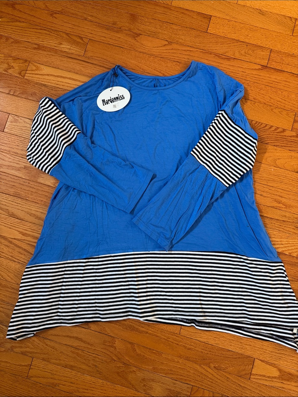 Mordenmiss Women’s Stripes Asymmetry Swing Flowy Tunic w/ Pockets 2XL Blue